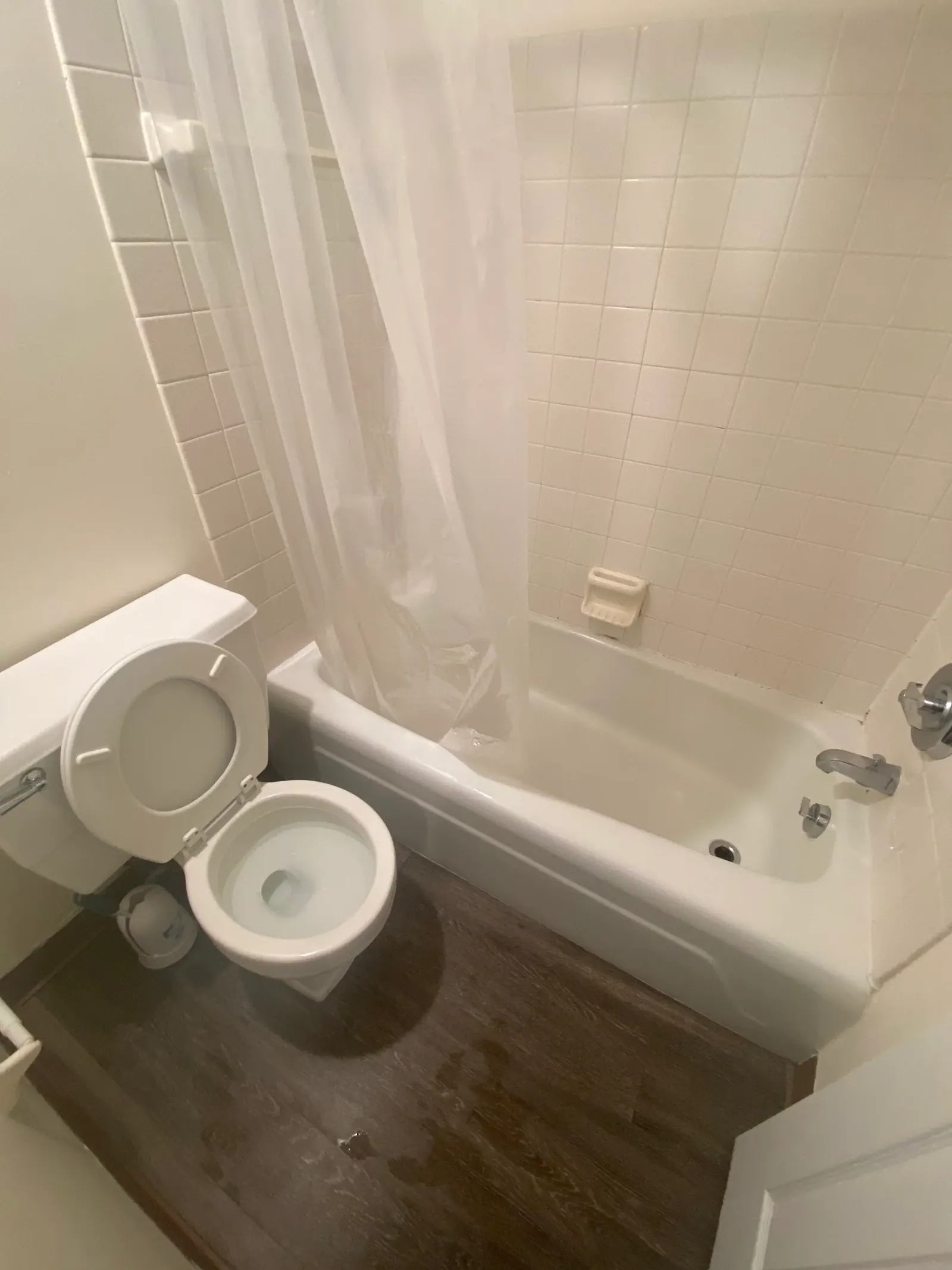 Bathtub and toilet after a SWAT deep clean, every surface white again